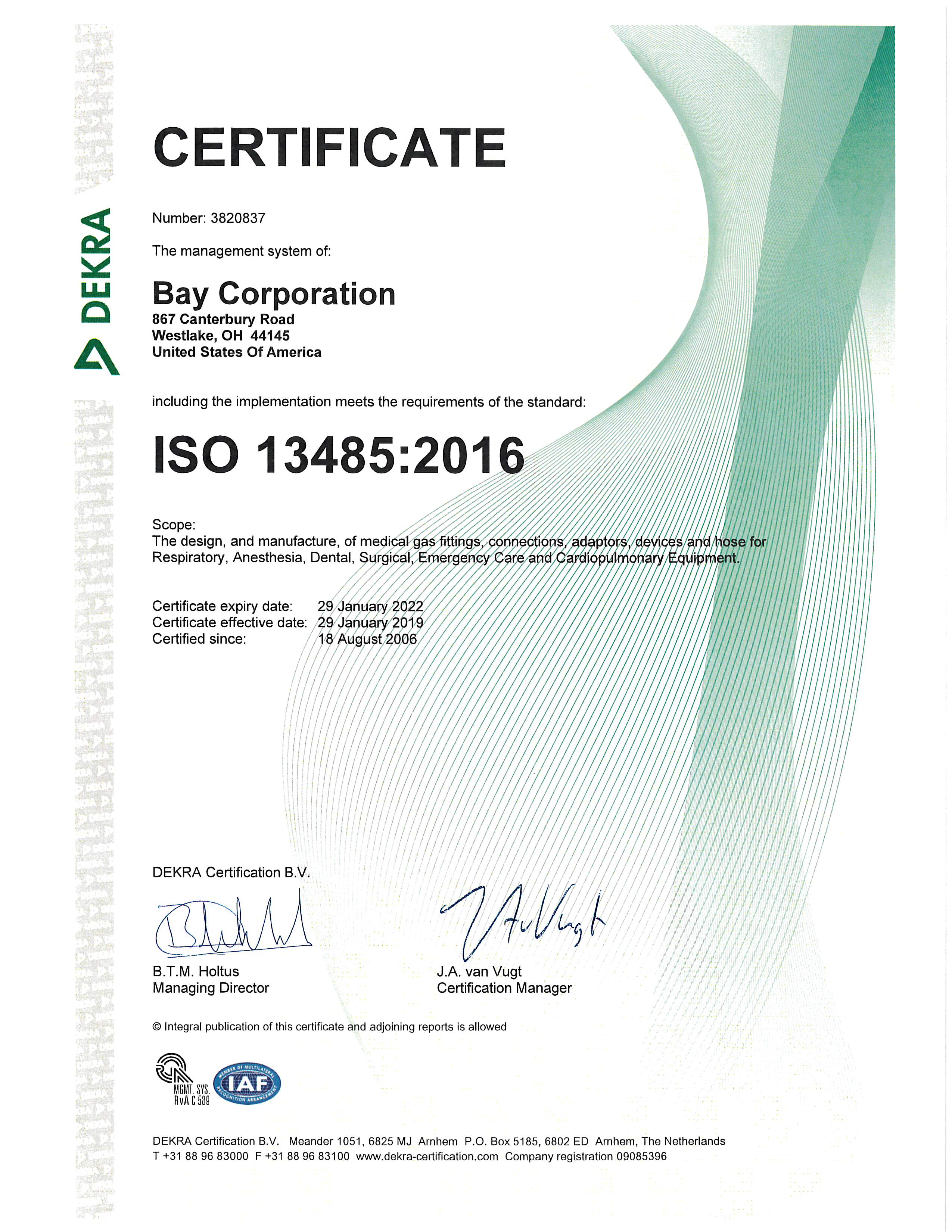 ISO 13485:2003 Certificate Medical Gas Fittings Bay Corp
